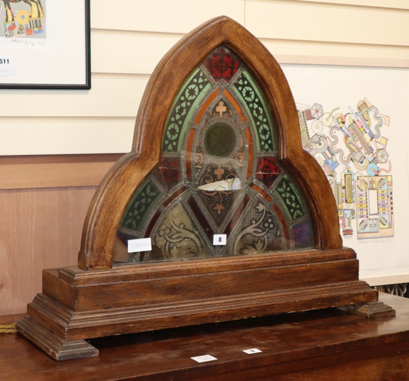 A French oak framed stained glass panel, W.80cm D.25cm H.65cm